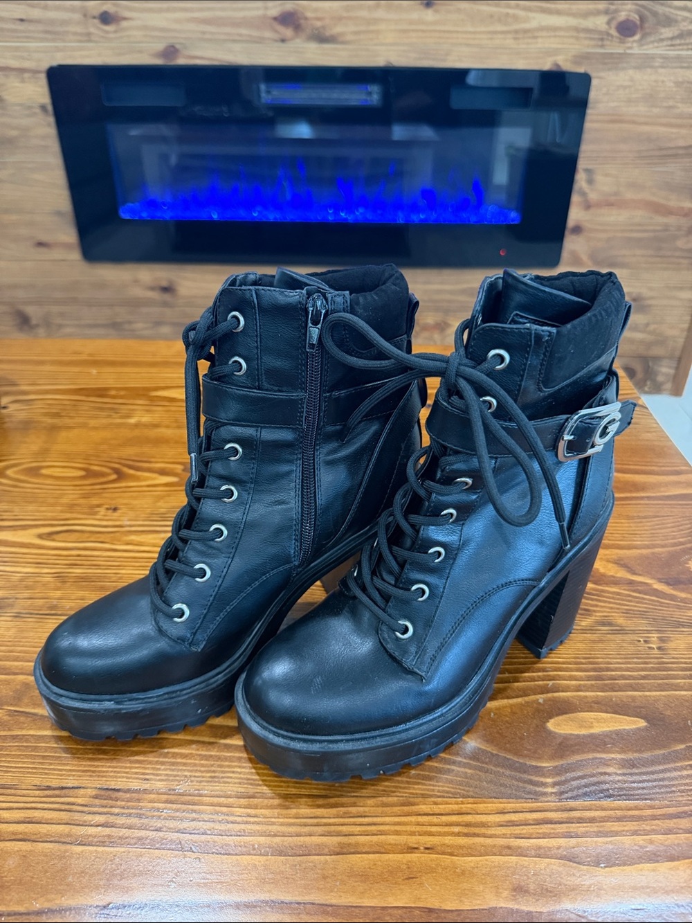 G by Guess Black Lace-Up Chunky Heel Ankle Boots with Buckle
